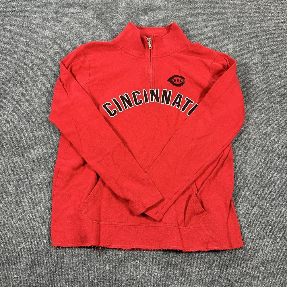 PINK Cincinnati Reds Sweatshirt Womens Medium Red Good Quarter Zip Raw Hem MLB